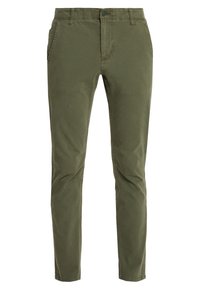 Oliivinvihreät puuvillasekoitushousut, joissa on kapeahko leikkaus, kaksi sivutaskua ja napin suljenta vyötäröllä. Pehmeä tekstuuri ja sileä pinta.