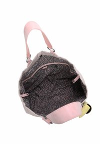Borsa in tessuto grigio con inserti in pelle rosa e un interno a pois. Presenta una tasca con cerniera e spallacci regolabili.