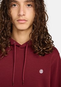 Sweatshirt à capuche bordeaux avec une texture lisse, équipé d'un cordon de serrage et d'un petit logo blanc sur la poitrine. Design minimaliste.