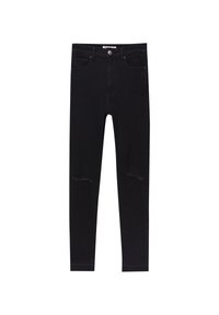 Jean skinny noir avec détails déchirés au niveau des genoux, en denim, avec une taille mi-haute et un design à cinq poches.