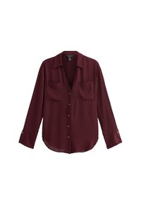 Burgundy long-sleeve shirt in smooth fabric, featuring a collar, two chest pockets, and button closure down the front.