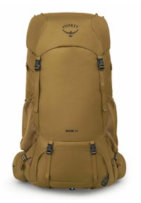 La mochila Osprey Rook 50 en tejido marrón presenta un gran compartimento principal, bolsillos laterales de malla y correas ajustables para un transporte seguro.