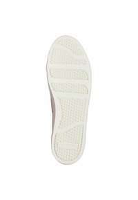 Sole di una scarpa in gomma bianca texturizzata, caratterizzata da motivi a onda e scanalature per la trazione. Design semplice e funzionale per la durabilità.