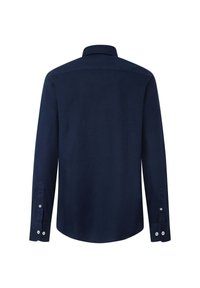 Marineblauwe blouse met lange mouwen en een kraag met knopen, gladde textuur en ronde zoom. Voorzien van knoppen op de manchetten en een eenvoudige, schone uitstraling.