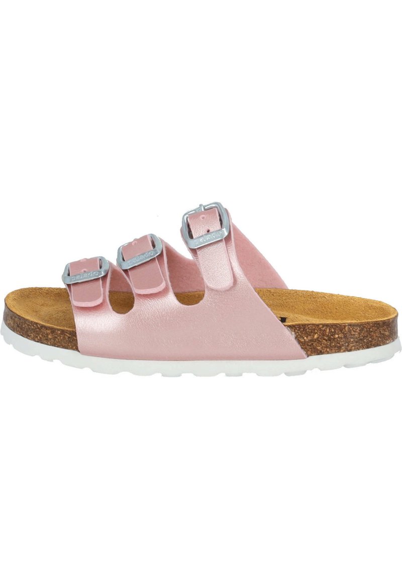 Sandali infradito in pelle rosa con tre fibbie argentate regolabili, suola in sughero e suola in gomma bianca. Texture liscia con design casual.