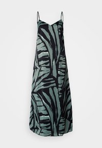Vestido largo sin mangas con un diseño de escote en V. Presenta un estampado de hojas en verde y negro sobre un tejido suave. Tirantes finos y un corte holgado.