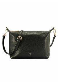 Czarna skórzana torebka o ziarnistej fakturze, prostokątnym kształcie, złotych elementach metalowych, odpinanym pasku i subtelnym logo z przodu.