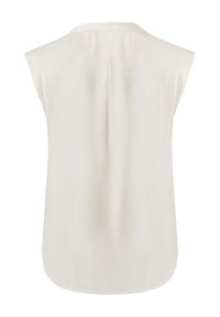 Ärmlös blus i krämfärgad med ett slätt, lätt tyg, klassisk krage och en subtil veckdetalj på baksidan. Rundad fåll.