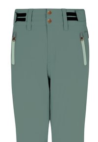 Pantalon d'extérieur vert clair avec une texture lisse, deux poches latérales zippées et des accents de boutons métalliques. Comprend des bandes de tissu noir à la taille.