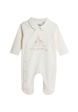 Kremowe body dla niemowląt z długimi rękawami, drobnym wzorem kropek, zatrzaskami i napisem „I love my Mummy” z dwiema ilustracjami żyraf.