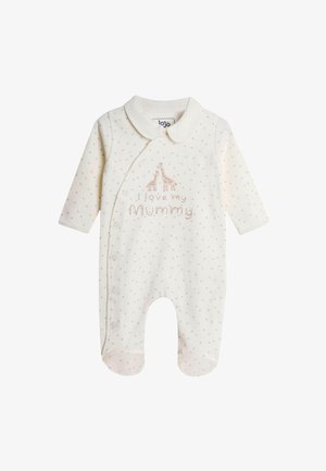 Body pentru bebeluși crem cu mâneci lungi, model mic cu puncte, nasturi capse și textul „I love my Mummy” cu două ilustrații de girafe.