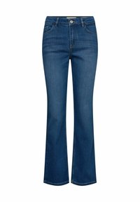 Jeans de lavado medio en azul con un diseño de pierna acampanada, que cuentan con cinco bolsillos, cremallera y cierre con botón. Fabricados en tela de mezclilla.