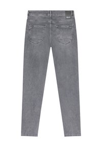 Grijze denim jeans met een slim fit, voorzien van een zwart logo-embleem op de tailleband en twee achterzakken met stiksels.