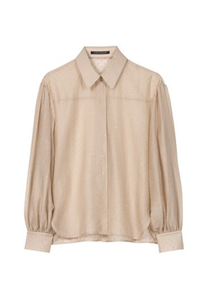 Beige Bluse mit langen Ärmeln, Kragen, leicht transparentem Stoff, punktiertem Muster und gerafften Manschetten. Vorderseite mit Knopfleiste.
