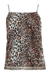 Leopard print camisole with thin straps, featuring brown, black, and cream colors. Lightweight, smooth texture, and form-fitting design.