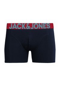 Navy blue boxer shorts with a soft elastic waistband featuring red and teal "JACK & JONES" branding, made from stretchable fabric.