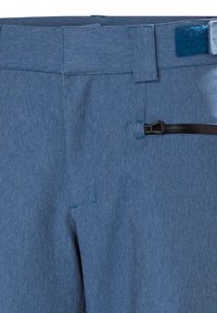 Blauwe, lichte stoffen broek met een rechte snit, voorzien van een zwarte ritszak en een gladde tailleband. Geribbelde oppervlakte met een subtiel patroon.