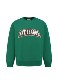 Felpa verde con polsini e orlo a costine. Presenta una grande grafica "IVY LEAGUE" in bianco e arancione sulla parte anteriore.