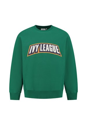 Sweatshirt verde cu manșete și tiv cu nervuri. Prezintă un grafic mare "IVY LEAGUE" în alb și portocaliu pe partea din față.