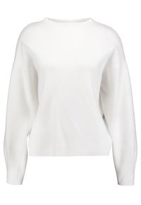 Maglione bianco, oversize, realizzato in morbido tessuto a maglia, con scollatura rotonda e maniche lunghe. Finitura a trama con cuciture delle spalle abbassate.