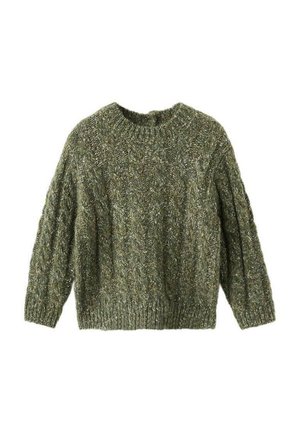 Pull en tricot vert avec un col rond, présentant un motif texturé et des bords côtelés aux poignets et à l'ourlet. Le matériau semble duveteux et épais.