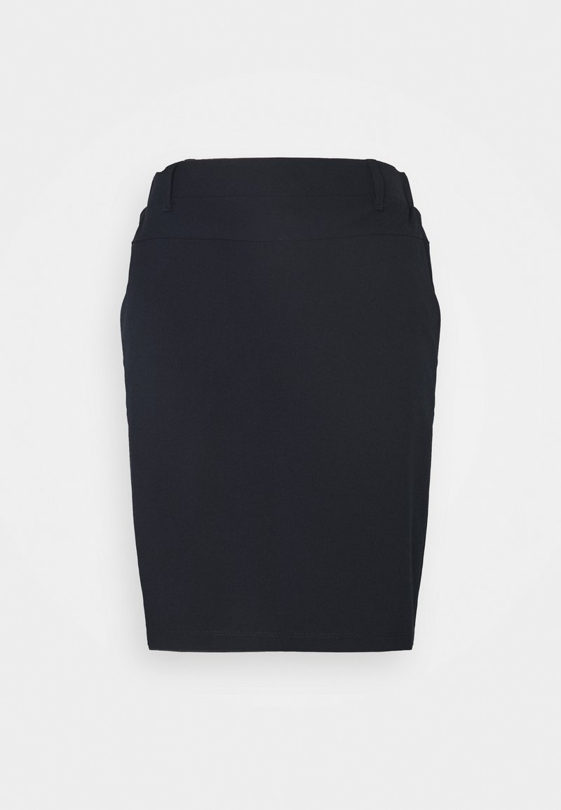 Jupe crayon noire longueur genou avec passants pour ceinture et taille ajustée, présentée sur un fond gris clair uni.