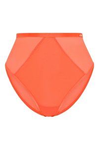 Korkeavyötäröiset, läpinäkyvät oranssit alushousut, joissa on sileä pinta ja erottuva vyötärö, ja joissa on geometrisia paneeliyksityiskohtia.