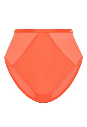 Korkeavyötäröiset, läpinäkyvät oranssit alushousut, joissa on sileä pinta ja erottuva vyöt�ärö, ja joissa on geometrisia paneeliyksityiskohtia.