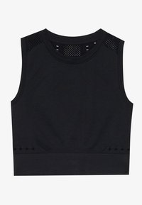 Crni kratki top s okruglim izrezom, mrežastim detaljima i rebrastom teksturom na struku i ramenima.