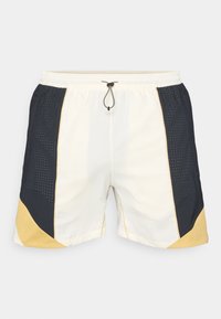 Herresvømmedragtshorts i en kombination af creme, marineblå og gul farve, med et mesh-mønster på siderne og en elastisk talje med snoretræk.
