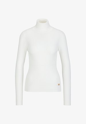 Weißer gerippter Rollkragenpullover mit langen Ärmeln. Verfügt über eine schmale Passform und ein kleines goldenes Logo-Detail am Saum. Weiche Textur.