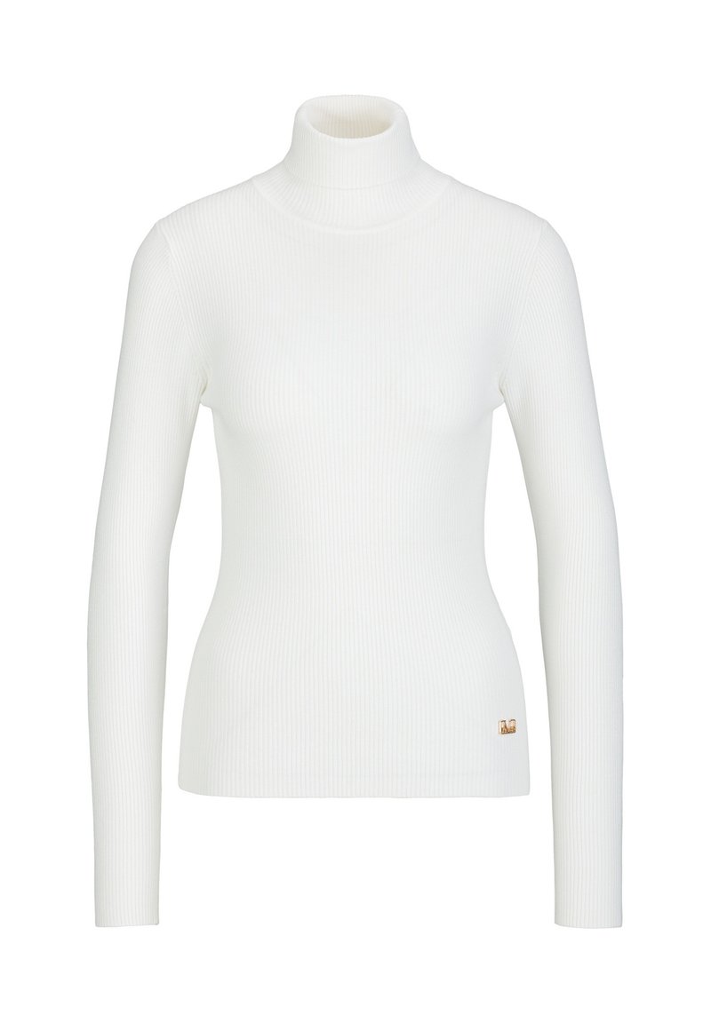 Weißer gerippter Rollkragenpullover mit langen Ärmeln. Verfügt über eine schmale Passform und ein kleines goldenes Logo-Detail am Saum. Weiche Textur.