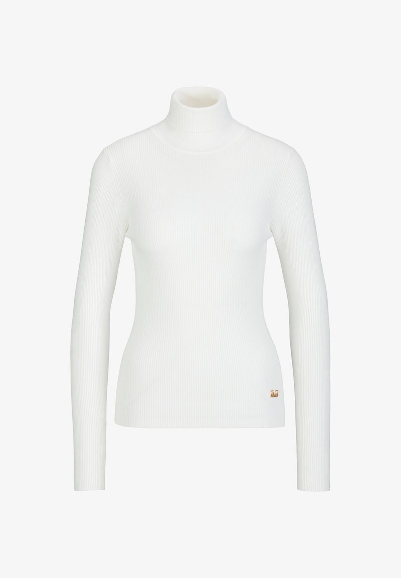 Weißer gerippter Rollkragenpullover mit langen Ärmeln. Verfügt über eine schmale Passform und ein kleines goldenes Logo-Detail am Saum. Weiche Textur.