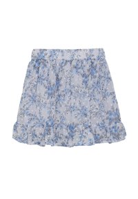 Blommönstrad kjol med ett samlat elastiskt midjeband, tillverkad av lätt tyg i ljusblått med mörkblå blommor och volangkant.