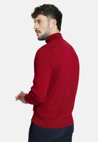 Suéter ajustado de cuello alto tejido en rojo, con un diseño entallado, puños acanalados y una textura suave. La parte posterior presenta un detalle de hombro sin costuras.