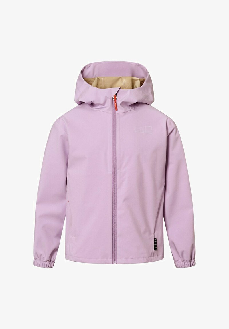 Veste imperméable violet clair avec capuche, fermeture éclair à l'avant, poignets élastiques, et détails graphiques minimalistes. Texture lisse avec doublure beige.