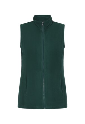 Dunkelgrüne Fleece-Weste mit hohem Kragen, durchgehendem Reißverschluss und zwei Seitentaschen. Glatte Textur und schlichtes Design ohne zusätzliche Muster.