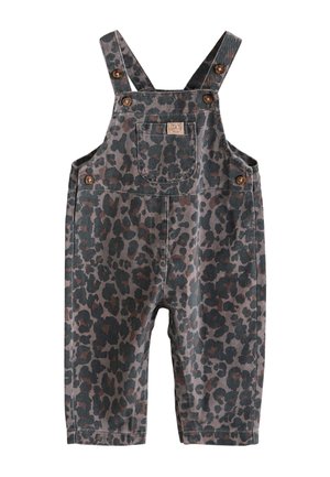 Graue und schwarze Kinderlatzhosen mit Leopardenmuster, verstellbaren Schultergurten und Holzknopfverschluss.