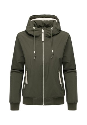 Veste à capuche verte avec fermeture éclair à l'avant, poignets élastiques et deux poches latérales. Fabriquée en tissu lisse avec une finition mate.