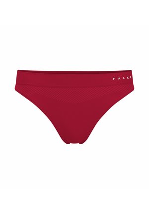 Naadloze rode bikinistijl ondergoed met een geribde tailleband en subtiel zigzagpatroon, met het merk "FALKE" aan de rechterzijde.