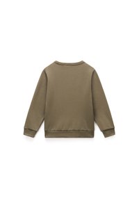 Olivno zelena sweatshirt s okruglim izrezom, dugim rukavima i rebrastim manžetama i rubom. Glatka tekstura, minimalistički dizajn, bez vidljivih logotipa.