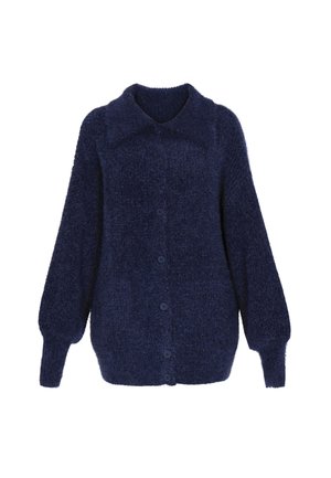 Navy blue cardigan made of textured fabric, featuring a collared neckline and large buttons, with oversized sleeves and a relaxed fit.