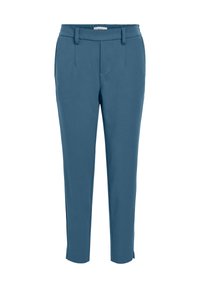 Pantalon bleu sur mesure longueur cheville avec passants de ceinture, plis devant et poches latérales.