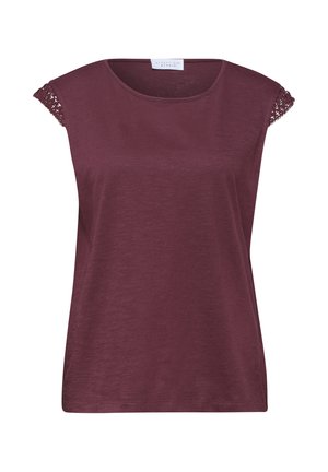 Top donna senza maniche viola scuro con scollo rotondo e rifinitura in pizzo all'uncinetto sui bordi delle spalle, etichettato Street One Studio.