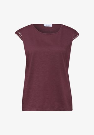 Top donna senza maniche viola scuro con scollo rotondo e rifinitura in pizzo all'uncinetto sui bordi delle spalle, etichettato Street One Studio.