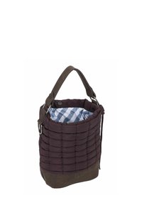Gewatteerde donkerbruine emmerhandtas met brede handgreep, metalen ringen, trekkoordsluiting en een binnenvoering van blauwgestreepte stof.