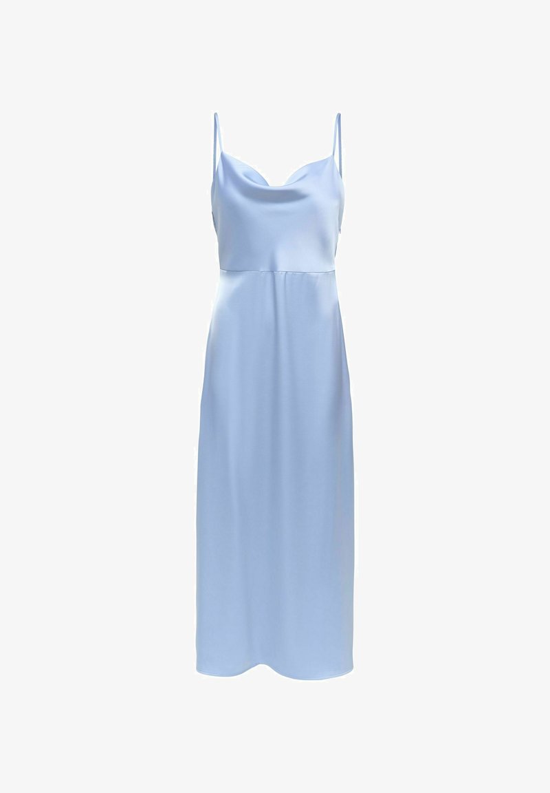 Robe midi en satin bleu clair avec fines bretelles spaghetti et un décolleté bénitier, présentée sur un fond blanc.