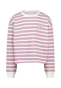 White cropped sweatshirt with red and light blue horizontal stripes. Features embroidered "89" on the chest and ribbed cuffs and neckline.