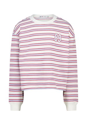 Witte kort aangezette sweatshirt met rode en lichtblauwe horizontale strepen. Heeft geborduurd "89" op de borst en ribgebreide manchetten en halslijn.