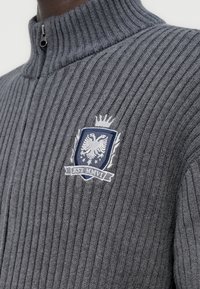 Γκρι πλεκτό πουλόβερ με ρίγες και ψηλό γιακά, με μπλε κεντητό έμβλημα αετού και το κείμενο "EST. MMVI" από κάτω. Κλείσιμο με φερμουάρ.